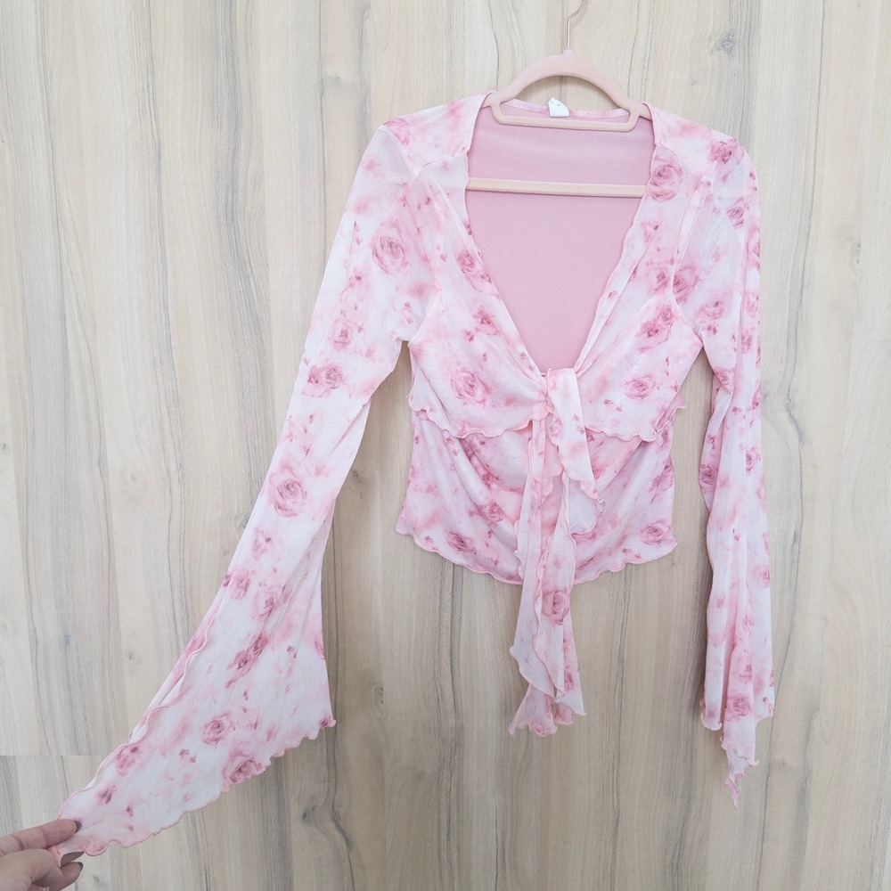 Womens Floral‎ Mesh Cropped Top Large Pink Tie Front Flare Sleeve Fairy Coquette